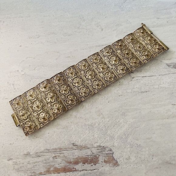 Vintage Wide Filigree Silver Bracelet Intricate Tile Design 1 3/4" W 7" L - Picture 9 of 9